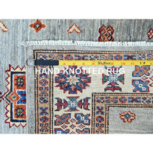 Load image into Gallery viewer, 2&#39;11&quot;x22&#39;7&quot; Puritan Gray, Denser Weave, Oversized, Smooth And Shiny Wool, Colorful Tribal Elements All Over, Natural Dyes, Afghan Hand Knotted Super Kazak Oriental Runner Rug FWR756