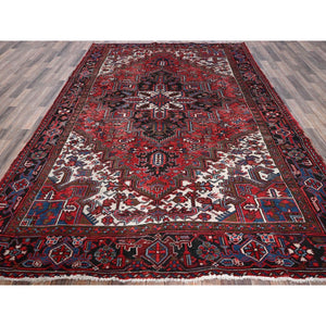 8'x11'3" Crimson Red, Semi Antique Persian Heriz With Slight Wear, Sheared Low, Zero Pile, Sides And Ends Professionally Secured, Hand Knotted, 100% Wool, Oriental Rug FWR7644