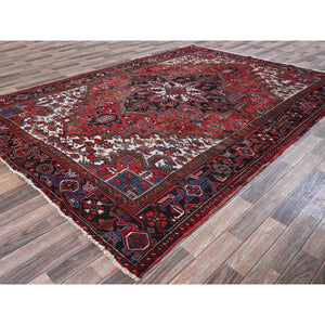 8'x11'3" Crimson Red, Semi Antique Persian Heriz With Slight Wear, Sheared Low, Zero Pile, Sides And Ends Professionally Secured, Hand Knotted, 100% Wool, Oriental Rug FWR7644