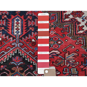 8'x11'3" Crimson Red, Semi Antique Persian Heriz With Slight Wear, Sheared Low, Zero Pile, Sides And Ends Professionally Secured, Hand Knotted, 100% Wool, Oriental Rug FWR7644