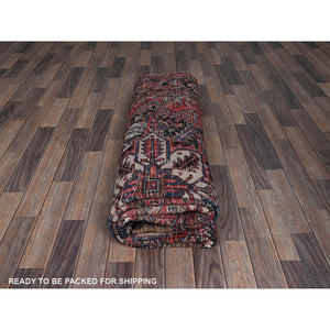 8'x11'3" Crimson Red, Semi Antique Persian Heriz With Slight Wear, Sheared Low, Zero Pile, Sides And Ends Professionally Secured, Hand Knotted, 100% Wool, Oriental Rug FWR7644