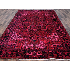 7'x9'5" Red Overdyed, Semi Antique Persian Heriz With Large Medallion, Worn Down, Sheared Low, Zero Pile, Sides And Ends Professionally Secured, Hand Knotted, 100% Wool, Oriental Rug FWR7650