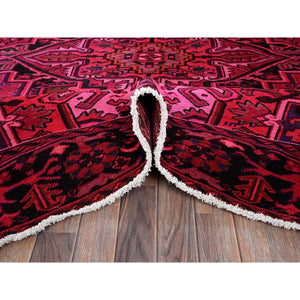 7'x9'5" Red Overdyed, Semi Antique Persian Heriz With Large Medallion, Worn Down, Sheared Low, Zero Pile, Sides And Ends Professionally Secured, Hand Knotted, 100% Wool, Oriental Rug FWR7650
