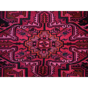 7'x9'5" Red Overdyed, Semi Antique Persian Heriz With Large Medallion, Worn Down, Sheared Low, Zero Pile, Sides And Ends Professionally Secured, Hand Knotted, 100% Wool, Oriental Rug FWR7650