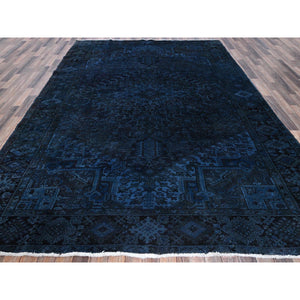 8'5"x11'4" Yale Blue, Overdyed Vintage Persian Heriz With Large Medallion, Worn And Distressed, Shaved Low, Zero Pile, Sides And Ends Professionally Secured, Hand Knotted, 100% Wool, Oriental Rug FWR7656