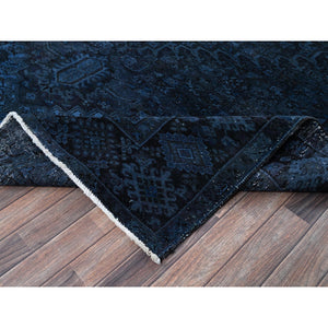 8'5"x11'4" Yale Blue, Overdyed Vintage Persian Heriz With Large Medallion, Worn And Distressed, Shaved Low, Zero Pile, Sides And Ends Professionally Secured, Hand Knotted, 100% Wool, Oriental Rug FWR7656