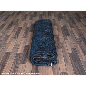 8'5"x11'4" Yale Blue, Overdyed Vintage Persian Heriz With Large Medallion, Worn And Distressed, Shaved Low, Zero Pile, Sides And Ends Professionally Secured, Hand Knotted, 100% Wool, Oriental Rug FWR7656