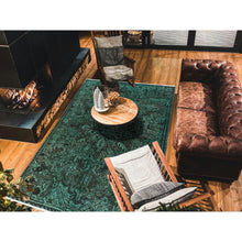 Load image into Gallery viewer, 6&#39;4&quot;x8&#39;9&quot; Hunter Green, Overdyed Vintage Persian Heriz With Large Medallion, Worn And Distressed, Shaved Low, Sides And Ends Professionally Secured, Hand Knotted, 100% Wool, Oriental Rug FWR7686