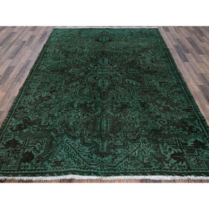 6'4"x8'9" Hunter Green, Overdyed Vintage Persian Heriz With Large Medallion, Worn And Distressed, Shaved Low, Sides And Ends Professionally Secured, Hand Knotted, 100% Wool, Oriental Rug FWR7686
