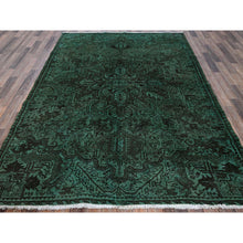 Load image into Gallery viewer, 6&#39;4&quot;x8&#39;9&quot; Hunter Green, Overdyed Vintage Persian Heriz With Large Medallion, Worn And Distressed, Shaved Low, Sides And Ends Professionally Secured, Hand Knotted, 100% Wool, Oriental Rug FWR7686