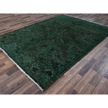 Load image into Gallery viewer, 6&#39;4&quot;x8&#39;9&quot; Hunter Green, Overdyed Vintage Persian Heriz With Large Medallion, Worn And Distressed, Shaved Low, Sides And Ends Professionally Secured, Hand Knotted, 100% Wool, Oriental Rug FWR7686