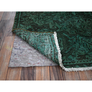 6'4"x8'9" Hunter Green, Overdyed Vintage Persian Heriz With Large Medallion, Worn And Distressed, Shaved Low, Sides And Ends Professionally Secured, Hand Knotted, 100% Wool, Oriental Rug FWR7686