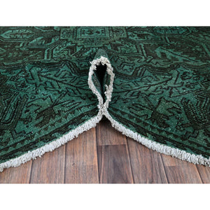 6'4"x8'9" Hunter Green, Overdyed Vintage Persian Heriz With Large Medallion, Worn And Distressed, Shaved Low, Sides And Ends Professionally Secured, Hand Knotted, 100% Wool, Oriental Rug FWR7686
