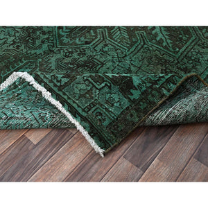 6'4"x8'9" Hunter Green, Overdyed Vintage Persian Heriz With Large Medallion, Worn And Distressed, Shaved Low, Sides And Ends Professionally Secured, Hand Knotted, 100% Wool, Oriental Rug FWR7686