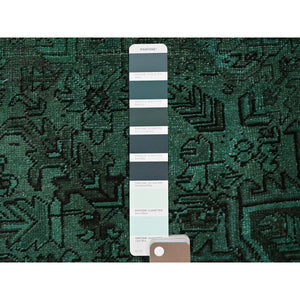 6'4"x8'9" Hunter Green, Overdyed Vintage Persian Heriz With Large Medallion, Worn And Distressed, Shaved Low, Sides And Ends Professionally Secured, Hand Knotted, 100% Wool, Oriental Rug FWR7686