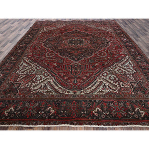 10'x12'3" Berry Red, Vintage And Worn, Persian Heriz With Large Medallion Design, Shaved Down, Sides And Ends Professionally Secured, Clean, Hand Knotted, 100% Wool, Oriental Rug FWR7704