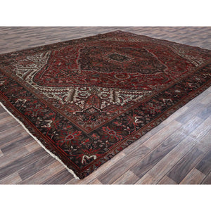 10'x12'3" Berry Red, Vintage And Worn, Persian Heriz With Large Medallion Design, Shaved Down, Sides And Ends Professionally Secured, Clean, Hand Knotted, 100% Wool, Oriental Rug FWR7704