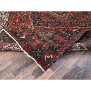 10'x12'3" Berry Red, Vintage And Worn, Persian Heriz With Large Medallion Design, Shaved Down, Sides And Ends Professionally Secured, Clean, Hand Knotted, 100% Wool, Oriental Rug FWR7704