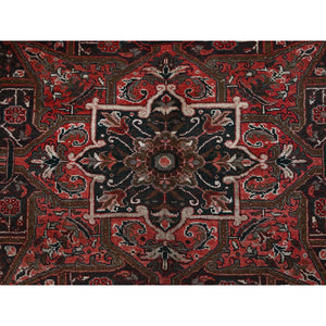 10'x12'3" Berry Red, Vintage And Worn, Persian Heriz With Large Medallion Design, Shaved Down, Sides And Ends Professionally Secured, Clean, Hand Knotted, 100% Wool, Oriental Rug FWR7704