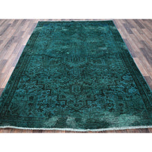 Load image into Gallery viewer, 5&#39;5&quot;x8&#39;3&quot; Teal Overdyed, Semi Antique Persian Heriz with Areas of Wear, Worn Down, Sheared Low, Sides and Ends Professionally Secured, Hand Knotted, 100% Wool, Oriental Rug FWR7728