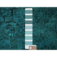 Load image into Gallery viewer, 5&#39;5&quot;x8&#39;3&quot; Teal Overdyed, Semi Antique Persian Heriz with Areas of Wear, Worn Down, Sheared Low, Sides and Ends Professionally Secured, Hand Knotted, 100% Wool, Oriental Rug FWR7728