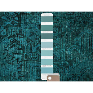 5'5"x8'3" Teal Overdyed, Semi Antique Persian Heriz with Areas of Wear, Worn Down, Sheared Low, Sides and Ends Professionally Secured, Hand Knotted, 100% Wool, Oriental Rug FWR7728