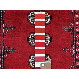 2'7"x11'10" Scarlet Red, Princess Bokara with Tribal Medallions, Vegetable Dyes, Soft and Velvety Wool, Hand Knotted, Runner, Oriental Rug FWR7806