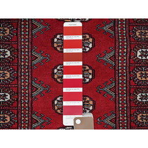 2'6"x8' Crimson Red, Princess Bokara with Geometric Medallions, Vegetable Dyes, Soft Wool, Hand Knotted, Runner, Oriental Rug FWR7830