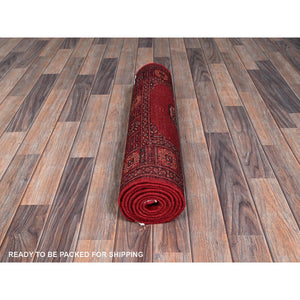 2'7"x7'10" Scarlet Red, Princess Bokara with Tribal Medallions, Vegetable Dyes, Soft and Velvety Wool, Hand Knotted, Runner, Oriental Rug FWR7836