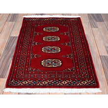 Load image into Gallery viewer, 2&#39;x3&#39; Scarlet Red, Princess Bokara With Geometric Medallions, Vegetable Dyes, Soft And Velvety Wool, Hand Knotted, Mat, Sample, Oriental Rug FWR7878