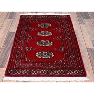 2'x3' Scarlet Red, Princess Bokara With Geometric Medallions, Vegetable Dyes, Soft And Velvety Wool, Hand Knotted, Mat, Sample, Oriental Rug FWR7878