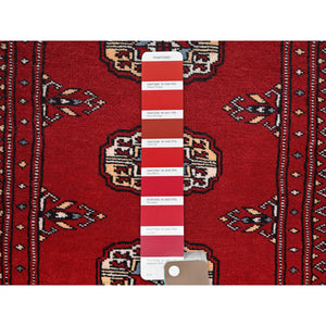 2'x3' Scarlet Red, Princess Bokara With Geometric Medallions, Vegetable Dyes, Soft And Velvety Wool, Hand Knotted, Mat, Sample, Oriental Rug FWR7878