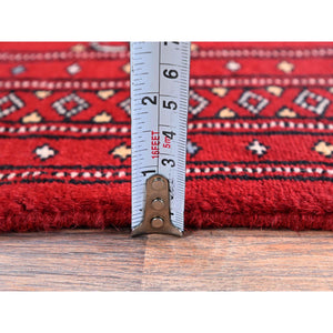 2'x3' Scarlet Red, Princess Bokara With Geometric Medallions, Vegetable Dyes, Soft And Velvety Wool, Hand Knotted, Mat, Sample, Oriental Rug FWR7878
