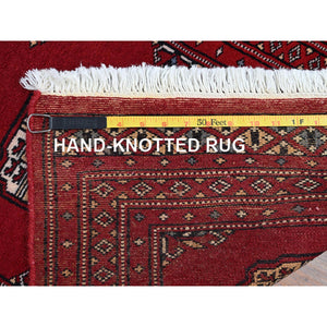 2'x3' Scarlet Red, Princess Bokara With Geometric Medallions, Vegetable Dyes, Soft And Velvety Wool, Hand Knotted, Mat, Sample, Oriental Rug FWR7878