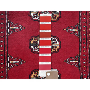 2'1"x3'1" Scarlet Red, Princess Bokara With Tribal Medallions, Vegetable Dyes, Soft And Velvety Wool, Hand Knotted, Mat, Sample, Oriental Rug FWR7890