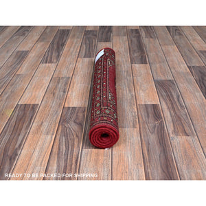 2'1"x3'1" Scarlet Red, Princess Bokara With Tribal Medallions, Vegetable Dyes, Soft And Velvety Wool, Hand Knotted, Mat, Sample, Oriental Rug FWR7890