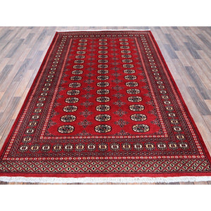 5'1"x8'1" Chili Red, Princess Bokara with Geometric Medallions, Vegetable Dyes, Soft and Shiny Wool, Hand Knotted, Mat, Sample, Oriental Rug FWR7932