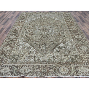 7'1"x9'8" Beige, Vintage And Worn, Persian Heriz With Geometric Medallion Design, Shaved Down, Sides And Ends Professionally Secured, Clean, Hand Knotted, 100% Wool, Oriental Rug FWR7986