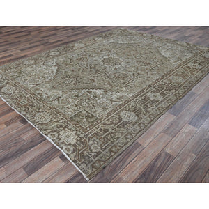 7'1"x9'8" Beige, Vintage And Worn, Persian Heriz With Geometric Medallion Design, Shaved Down, Sides And Ends Professionally Secured, Clean, Hand Knotted, 100% Wool, Oriental Rug FWR7986
