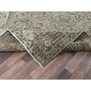 7'1"x9'8" Beige, Vintage And Worn, Persian Heriz With Geometric Medallion Design, Shaved Down, Sides And Ends Professionally Secured, Clean, Hand Knotted, 100% Wool, Oriental Rug FWR7986