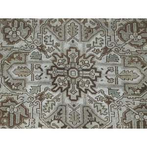 7'1"x9'8" Beige, Vintage And Worn, Persian Heriz With Geometric Medallion Design, Shaved Down, Sides And Ends Professionally Secured, Clean, Hand Knotted, 100% Wool, Oriental Rug FWR7986