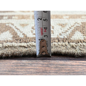 7'1"x9'8" Beige, Vintage And Worn, Persian Heriz With Geometric Medallion Design, Shaved Down, Sides And Ends Professionally Secured, Clean, Hand Knotted, 100% Wool, Oriental Rug FWR7986