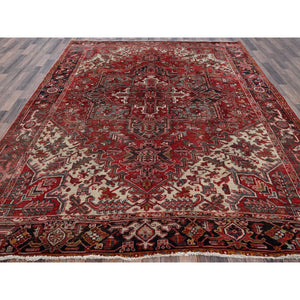 8'3"x10'8" Crimson Red, Vintage Persian Heriz With Geometric Medallion Design, 100% Wool, Hand Knotted, Worn And Distressed, Cropped Thin, Clean, Sides And Ends Professionally Secured, Oriental Rug FWR8004