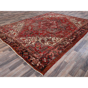 8'3"x10'8" Crimson Red, Vintage Persian Heriz With Geometric Medallion Design, 100% Wool, Hand Knotted, Worn And Distressed, Cropped Thin, Clean, Sides And Ends Professionally Secured, Oriental Rug FWR8004
