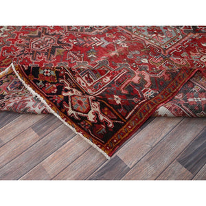 8'3"x10'8" Crimson Red, Vintage Persian Heriz With Geometric Medallion Design, 100% Wool, Hand Knotted, Worn And Distressed, Cropped Thin, Clean, Sides And Ends Professionally Secured, Oriental Rug FWR8004