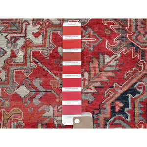 8'3"x10'8" Crimson Red, Vintage Persian Heriz With Geometric Medallion Design, 100% Wool, Hand Knotted, Worn And Distressed, Cropped Thin, Clean, Sides And Ends Professionally Secured, Oriental Rug FWR8004
