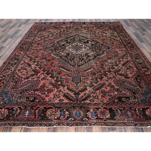 8'8"x11' Blush Red, Vintage Persian Heriz with Some Wear, Sheared Low, Sides and Ends Professionally Secured, Clean, Hand Knotted, 100% Wool, Oriental Rug FWR8034