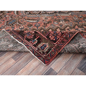 8'8"x11' Blush Red, Vintage Persian Heriz with Some Wear, Sheared Low, Sides and Ends Professionally Secured, Clean, Hand Knotted, 100% Wool, Oriental Rug FWR8034