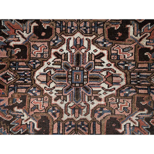 8'8"x11' Blush Red, Vintage Persian Heriz with Some Wear, Sheared Low, Sides and Ends Professionally Secured, Clean, Hand Knotted, 100% Wool, Oriental Rug FWR8034