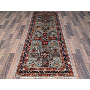 2'8"x7'5" Mirage Gray, Armenian Inspired Caucasian Design With Bird Figurines, Hand Knotted, Super Fine Wool, 200 Kpsi, Denser Weave, Vegetable Dyes, Runner, Oriental Rug FWR8052